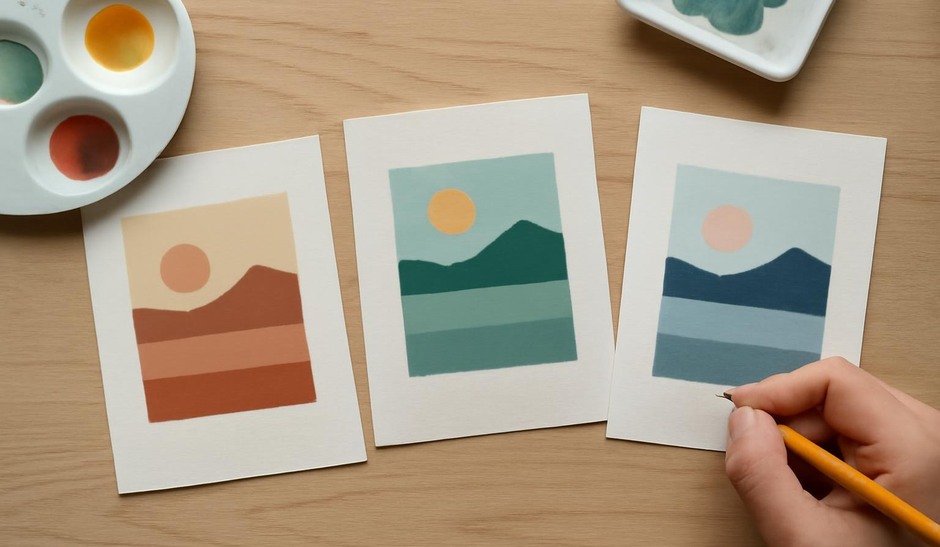 Three small colour studies showing different limited palettes applied to the same composition