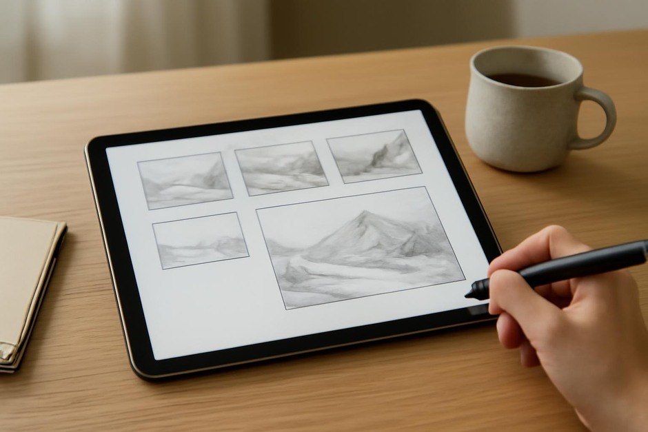 A tablet screen showing a sequence of thumbnail sketches and a refined study