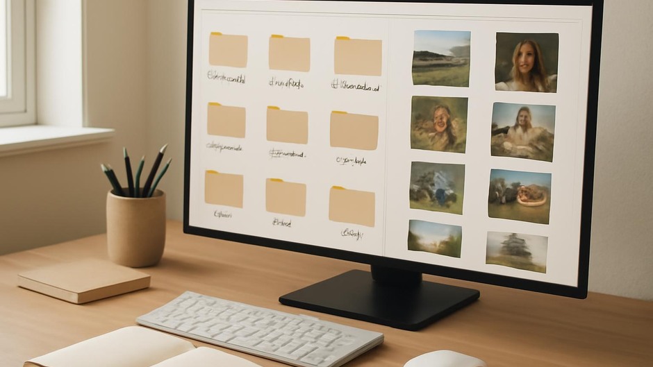 A desktop with labeled folders and photo thumbnails organized into a visual library