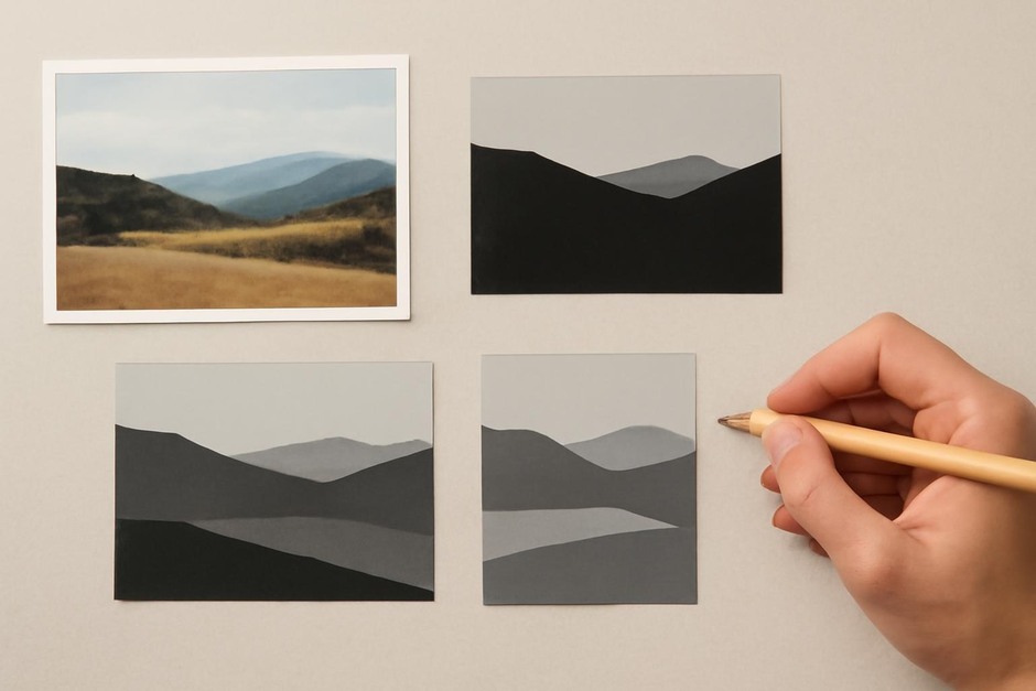 A sequence showing a photo reduced to silhouette, then to values and simplified shapes