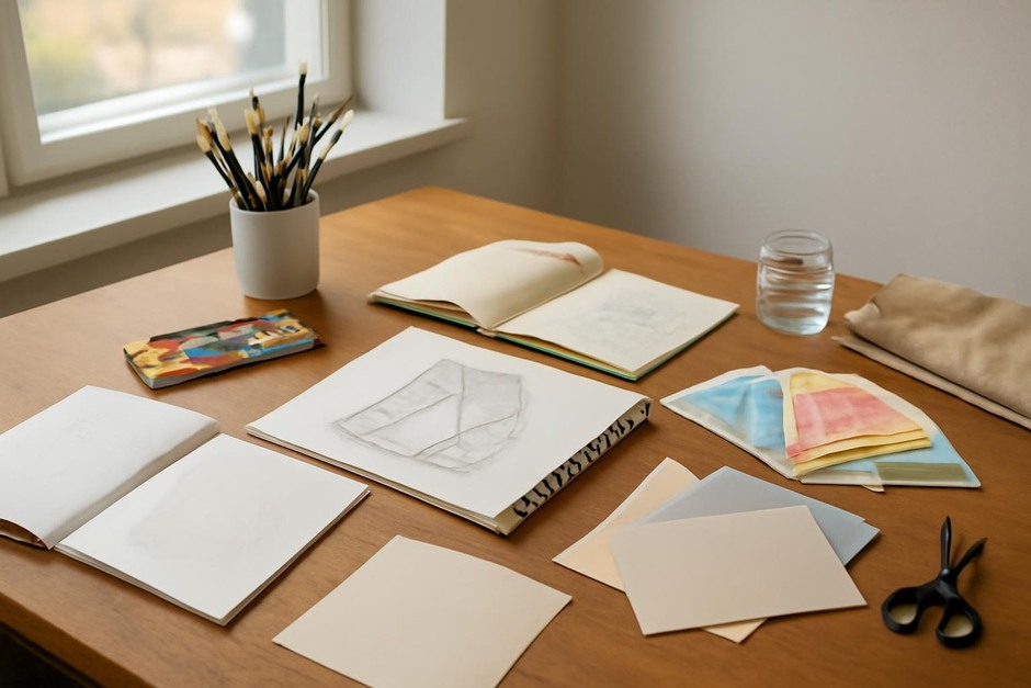 Abstract art desk with color swatches, brush marks, and sketchbook studies.