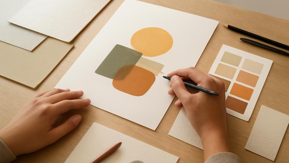 Bright studio image with paint textures, paper layers, and geometric color blocks.
